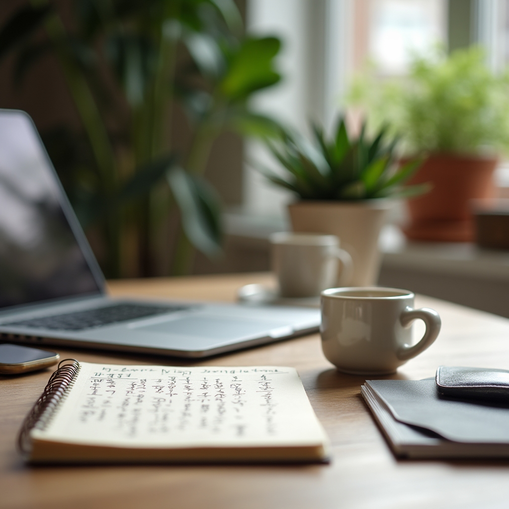 Birou individual ordonat, cu laptop, notițe și o ceașcă de cafea, într-un spațiu de coworking
