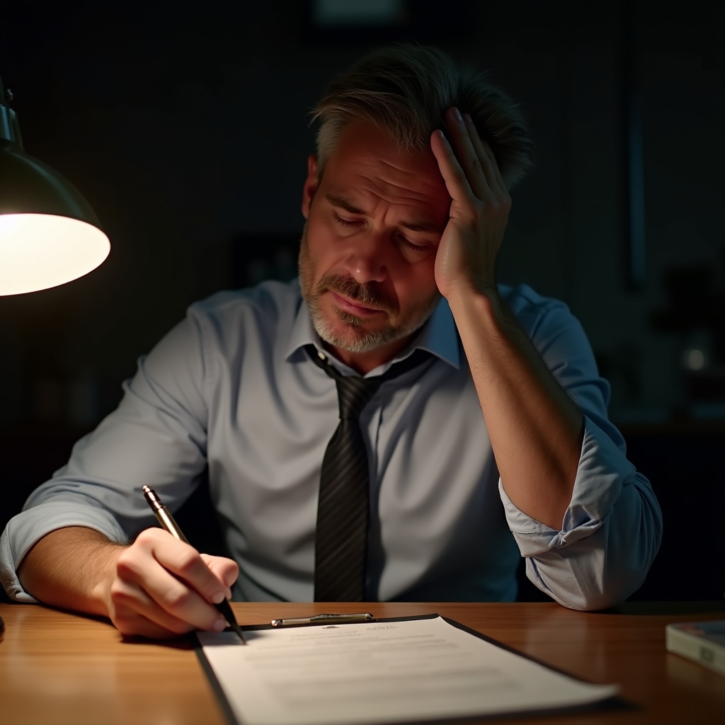 Persoană obosită semnând un document contractual la birou, cu ochii pe jumătate închiși