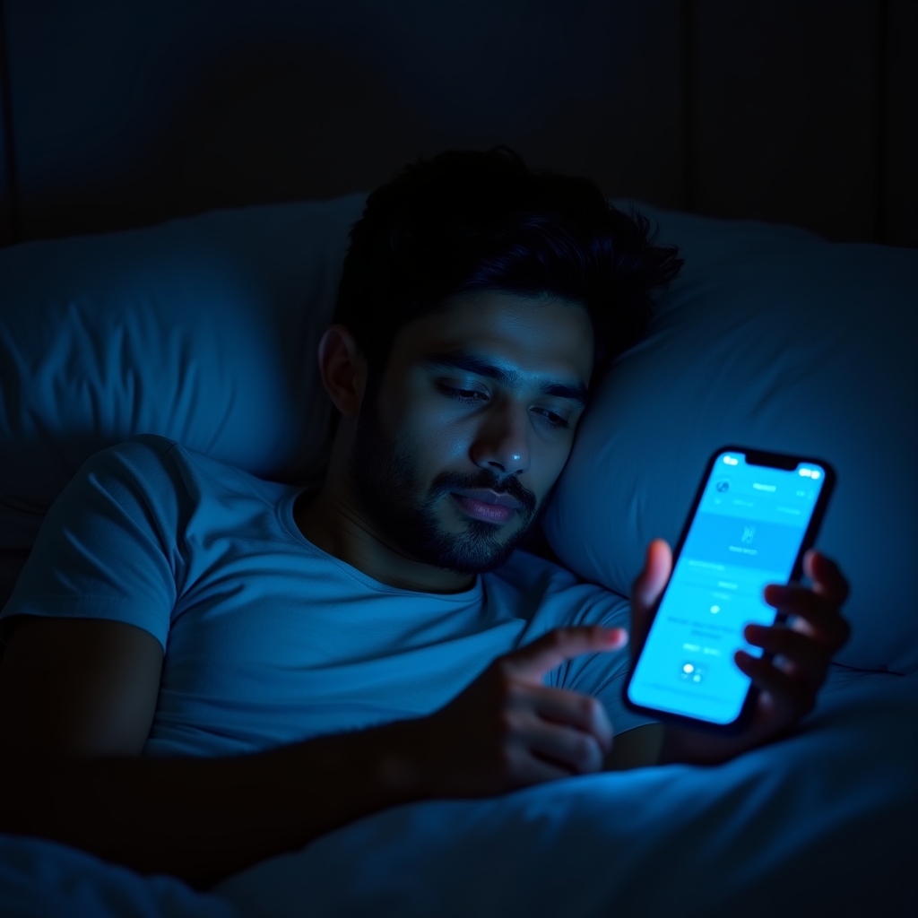 Bărbat stând în pat noaptea, luminat de ecranul telefonului, finalizând o comandă online
