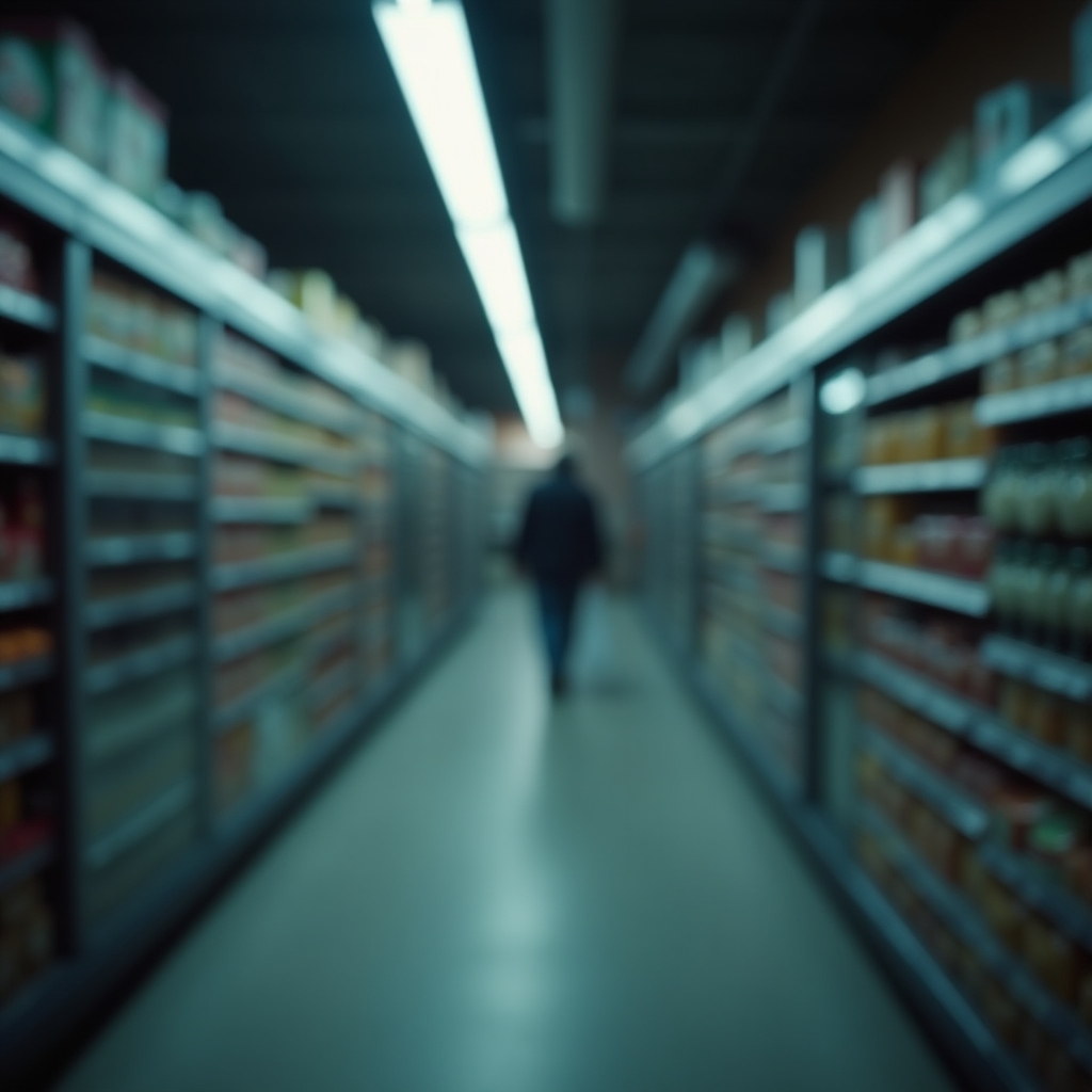 Culoar de supermarket estompat, surprins seara, sugerând epuizare și grabă